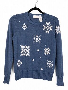 Liz Claiborne Blue Snowflake Cotton Sweater M Nordic Ski Winter Cottagecore